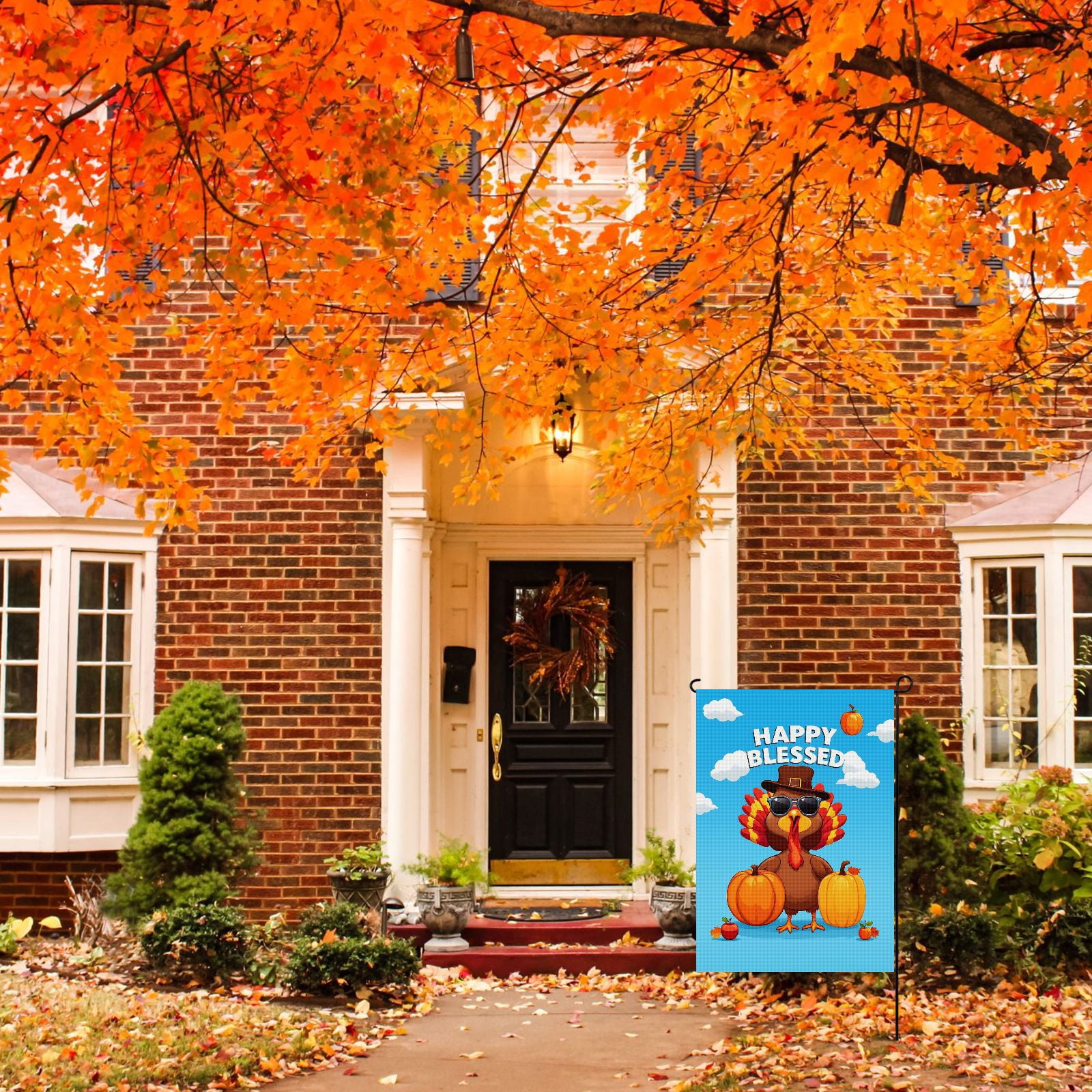 Hello Thanksgiving Day Garden Flag for Outdoor Deco for Farmhouse Patio House Backyard Balcony 28x40 Inch Durable Cartoon Back Yard Decor Pumpkins Turkey Washable Outdoor Garden Decor