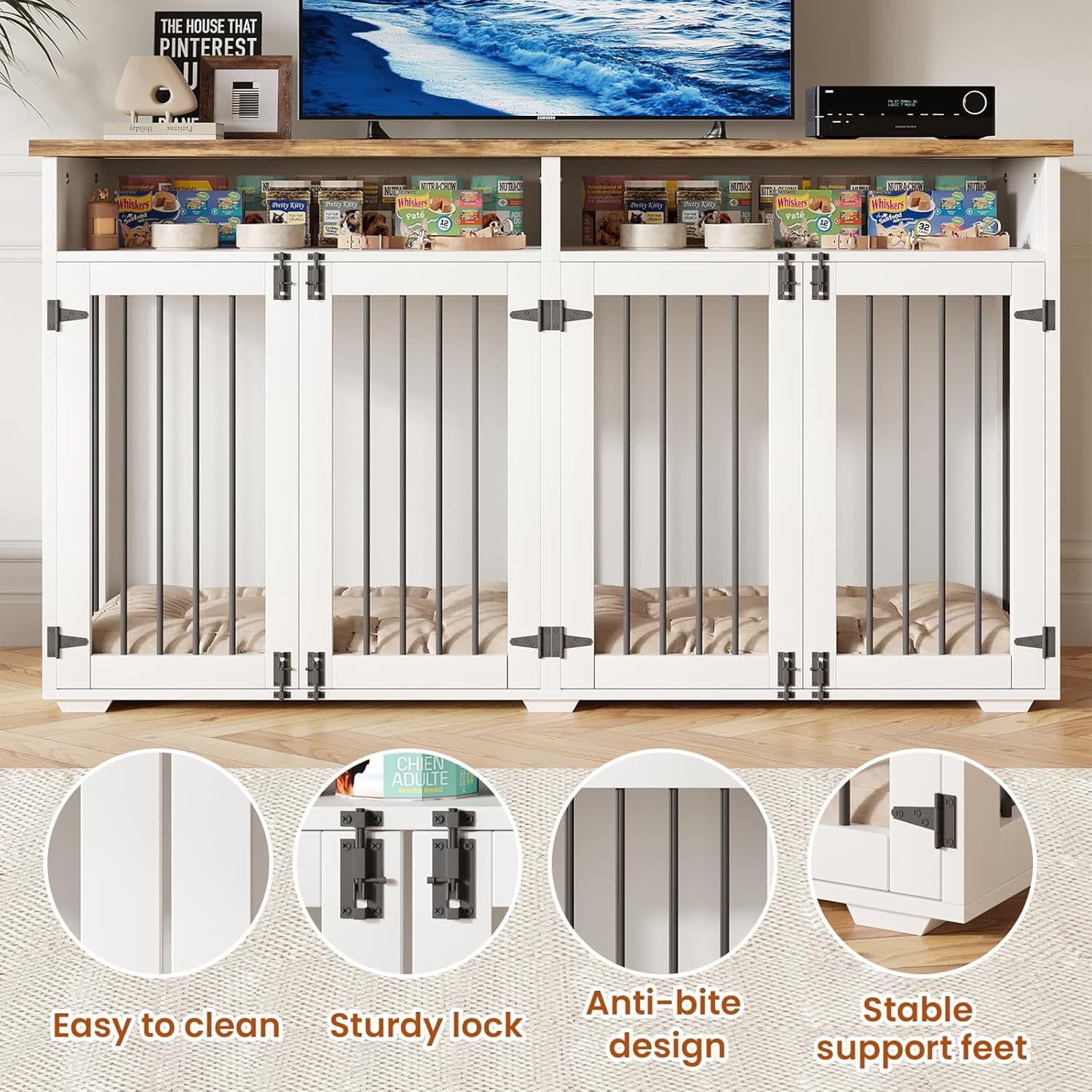 DreamCurship 63 Inch Dog Crate Furniture, 2-Door Wooden Dog Crate Kennel Furniture with Divider, Indoor Dogs Kennel for Small to Medium, White