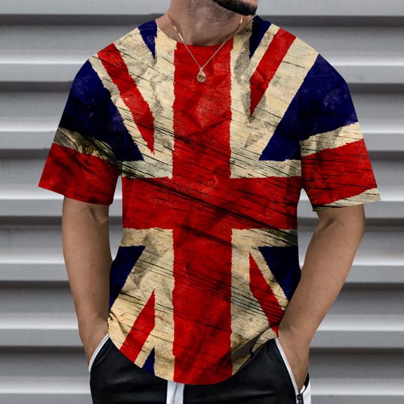TrendOFT Summer Shirts for Men British Nation Flag Full Print Round Neck Short Sleeve Loose Casual Daily Classic Street Tops Mens Tops Dark Blue L