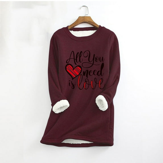 Floleo Clearance Fall Clothes For Women Women Fashion Heart Love Print Thick Fleece Sweatshirt Velvet Warm Round Neck Underwear Top Gift For Couples Red