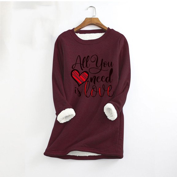 Floleo Clearance Fall Clothes For Women Women Fashion Heart Love Print Thick Fleece Sweatshirt Velvet Warm Round Neck Underwear Top Gift For Couples Red