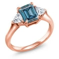 thumbnail image 2 of Gem Stone King 18K Rose Gold Plated Silver Persian Blue Moissanite and Moissanite 3-Stone Ring for Women (1.80 Cttw, 8X6MM Octagon, 3.5 Trillion, Gemstone Birthstone, Size 5, 6, 7, 8, 9), 2 of 4