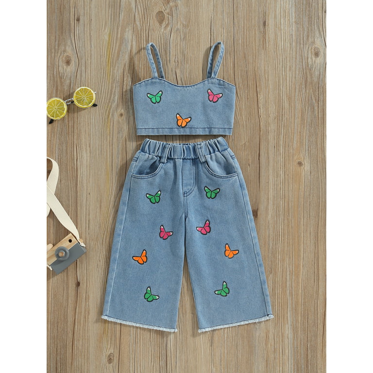 Qtinghua Toddler Baby Girls Summer Outfits Strap Shirts Butterfly Crop Top  with Jeans 2Pcs Clothes Blue 5-6 Years 