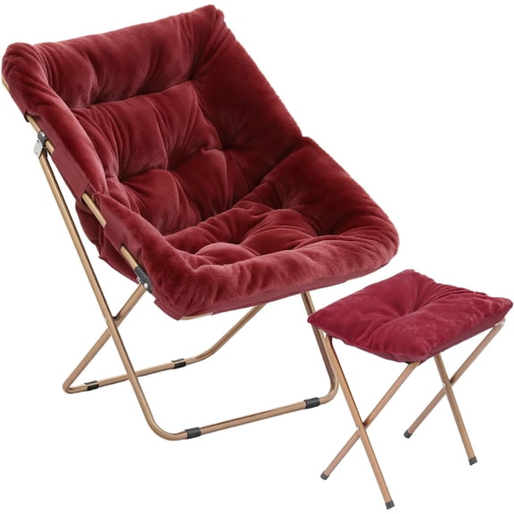 Oversized Folding Chair for Adults, Reading Chair with Ottoman, Faux Fur Fluffy Circle Accent Seat Comfy Living Room Lounge Chair for Bedroom Corner, Dorm, Apartment (Burgundy)