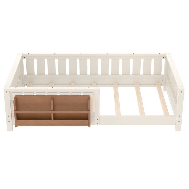 Bellemave Twin Size Floor Bed with Bookshelf, Wood Montessori Beds with Slats and Safety Guardrail, Low Profile Twin Bed Frame with Fence, No Box Spring Needed (Beige)