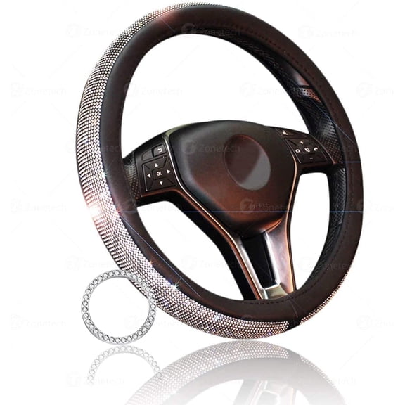 Zone Tech Shiny Bling Car Accessory Set - Cystal Steering Wheel Cover with PU Leather Backing & Cystal Bling Car Accessory for Auto Start Engine Ignition Button Key and Knobs