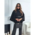 thumbnail image 4 of Women Batwing Sleeve Ponchos Pea Coat Stand Collar Capes Jacket Cloak Elegant Wool Coat with Belt Black S, 4 of 7