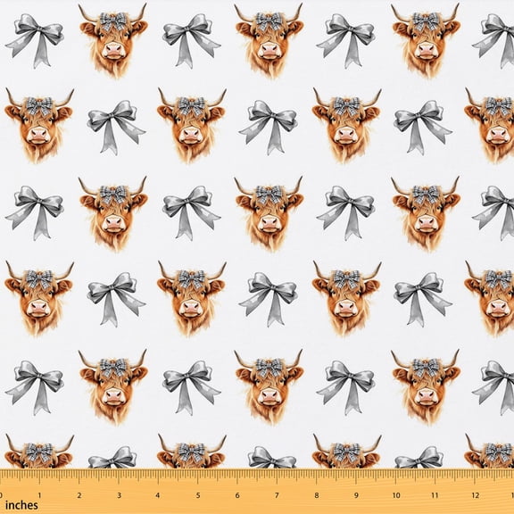 Erosebridal Grey Highland Cow Fabric by the Yard 1 Yard, Gingham Bow Home Decor Fabric by the Yard