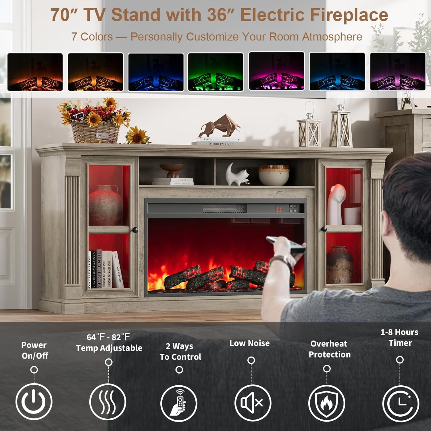 Vecenuy Farmhouse Fireplace TV Stand for 80" TVs, 70" Highboy Entertainment Center w/ 36" Electric Fireplace & LED Lights, Media Console w/ Adjustable Shelves for Living Room Gray