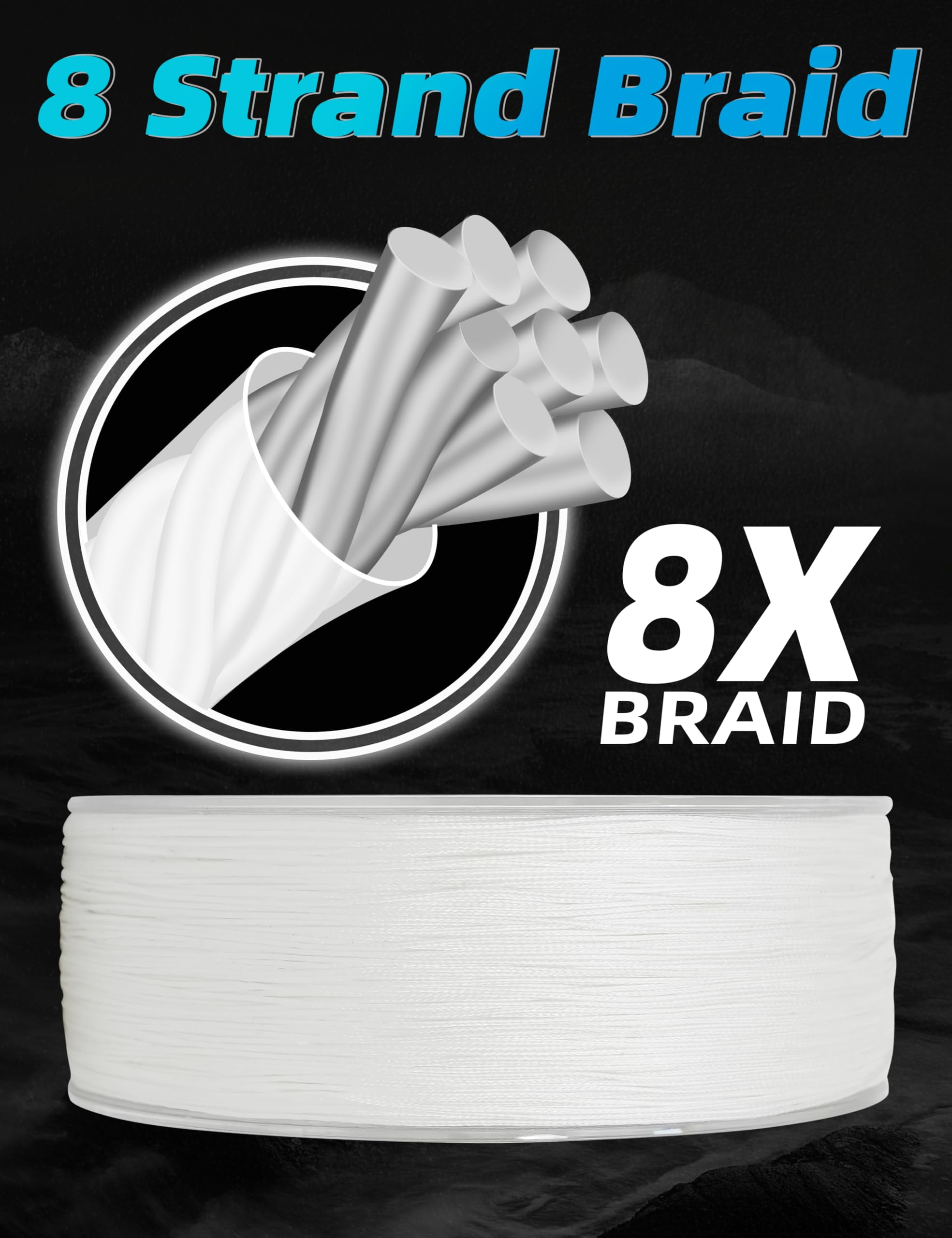 BLUEWING Braided Fishing Line 8 Strands PE Braid Fishing Lines Thin Diameter & Abrasion Resistant Fishing String for Saltwater Fishing 80LBS 300YD White