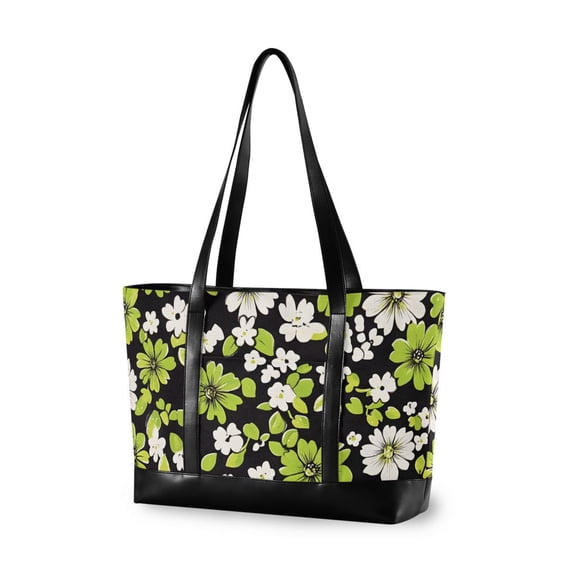 FORMRS Canvas Laptop Tote Bag for Women with 15.6" Computer Compartments Shoulder Handbag, Green Flower Pattern