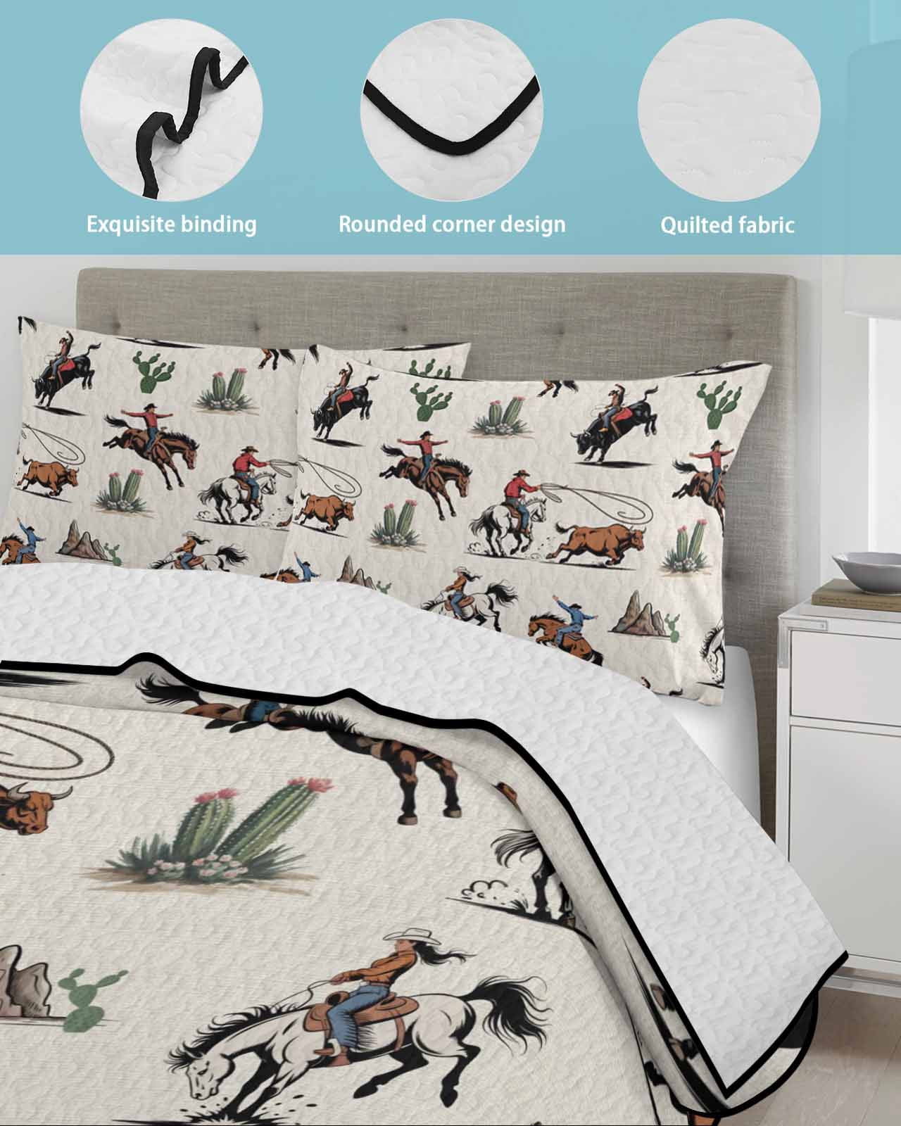 Quilts Twin XL Size, Western Cowboys Soft Comforter Bedding Set for Bed, Beige Vintage Country Cactus Lightweight Quilted Bedspread with Pillow Cover(2 Pieces) for All Season, 68x98 Inch