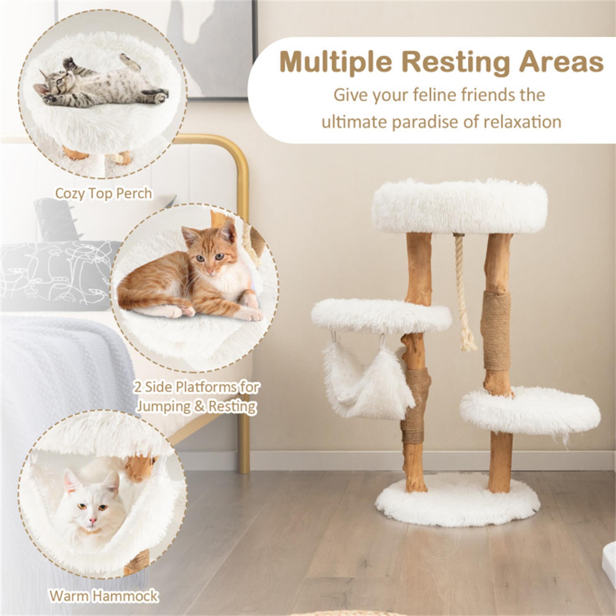 Kadyn 34" Solid Wood Cat Tree Tower for Indoor, Modern Cat Condo with Scratching Post, Cat Climbing Tree House Furniture, White