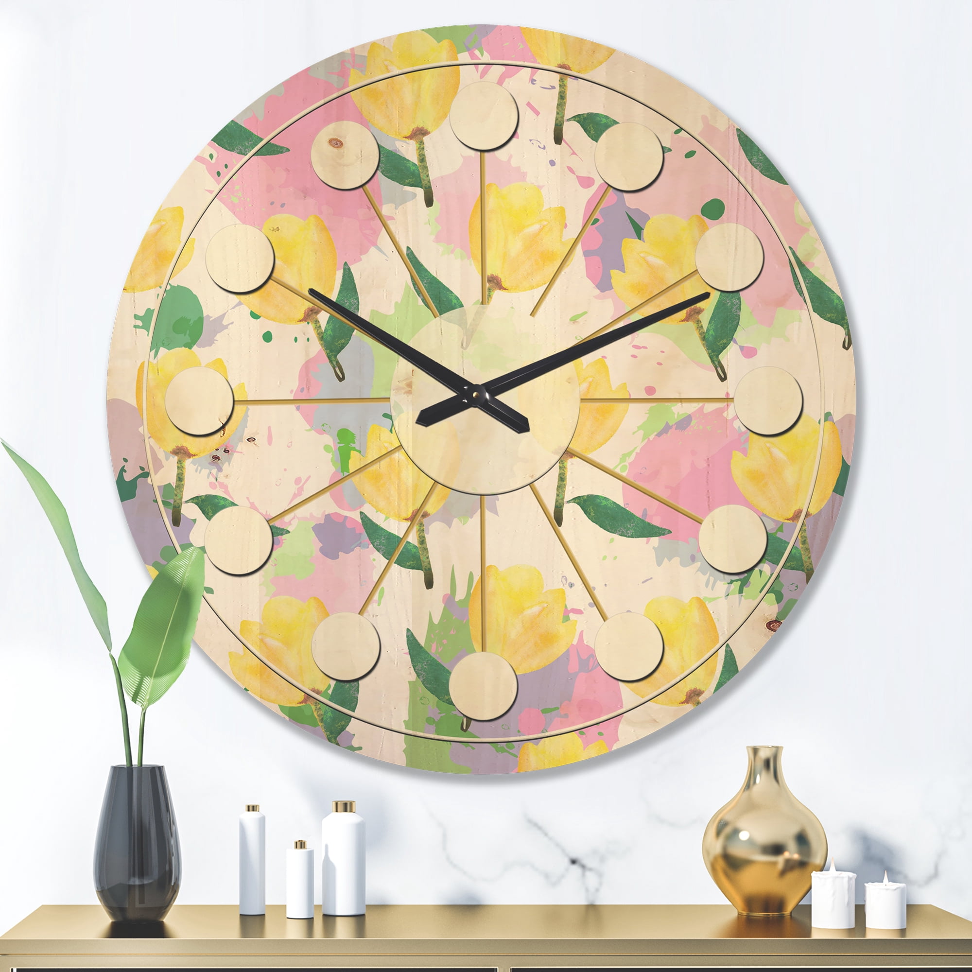Designart 'Flowers With Floral Pattern' Mid-Century Modern Wood Wall Clock