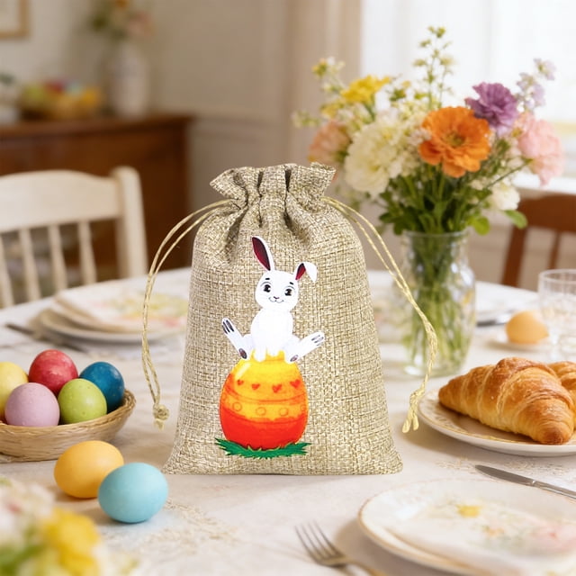 RKSTN Polyester basket Easter-themed Gift Bags And Featuring Rabbits And Easter Egg Patterns On A Burlaps-like Fabric And Perfects For Holiday Parties And Decorations room decor