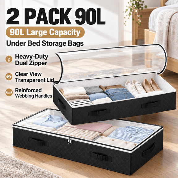 Doulami 2 Pack 90L Under Bed Storage Bags with Handles Collapsible Containers and Organizers Closet Organizer for Toys, Clothing, Blanket, Comforter, Pillows