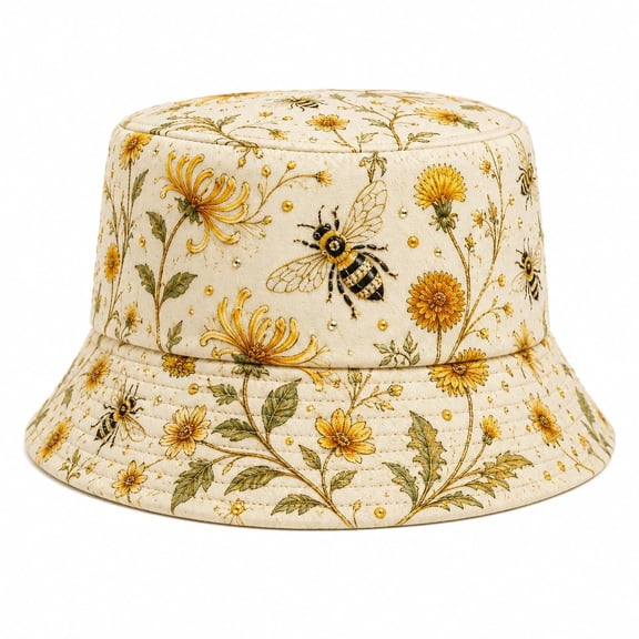 1 Count Garden Morning Cap, Yellow Bee Print Cottagecore Bucket Hat Wide Brim, Unisex Foldable Sun Hat, Outdoor Travel Fishing Beach Gift for Mom Grandma Wife Girlfriend(Yellow)