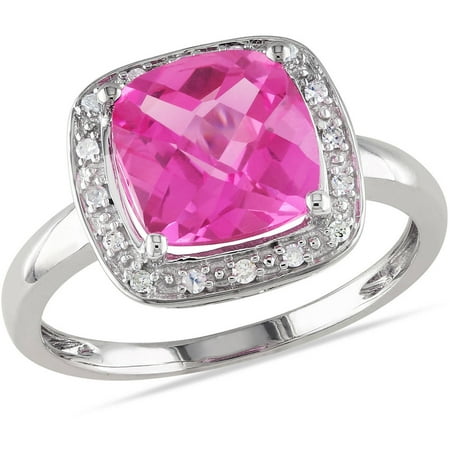 4-1/2 Carat T.G.W. Cushion-Cut Created Pink Sapphire and Diamond-Accent 10kt White Gold Halo Cocktail Ring
