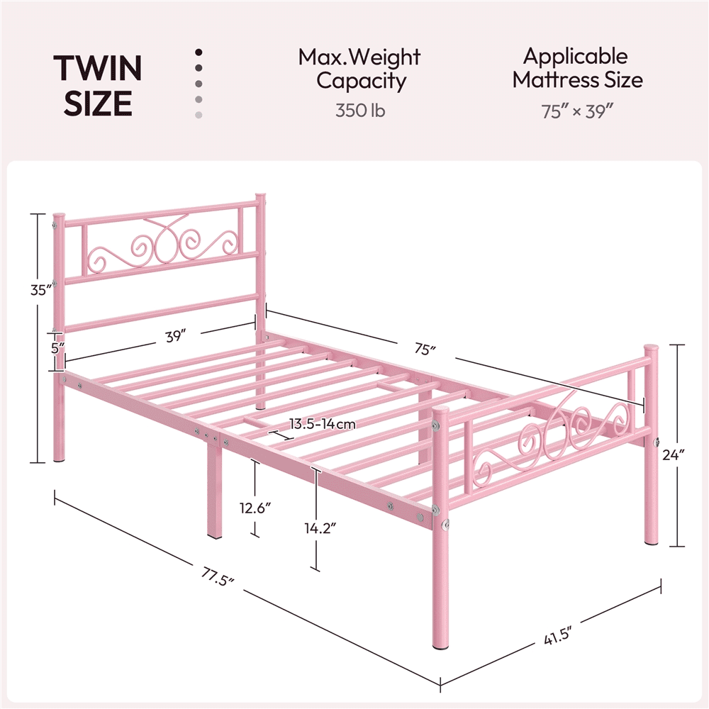 Renwick Graceful Scroll Metal Platform Bed with Headboard and Footboard, Twin, Pink