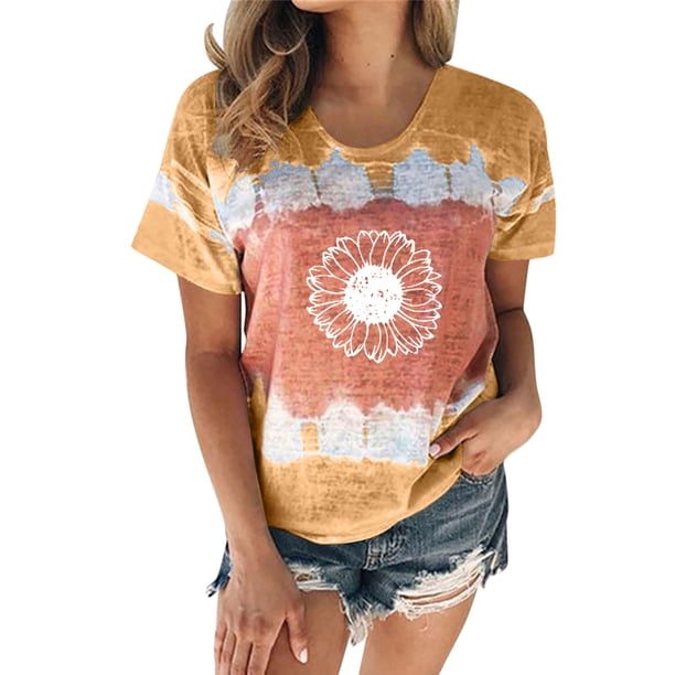 Gibobby Playera de Verano para Mujer Camiseta de manga corta con cuello redondo y estampado de girasol para mujer(Caqui,CH)
