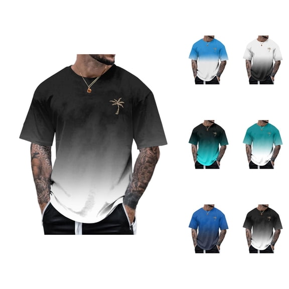 Coconut Tree Graphic Tees for Men Summer Casual Short Sleeve Crewneck Gradient Color Tropical Vacation Beach Tshirts