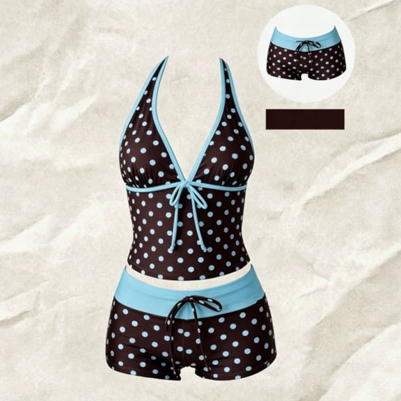 Swimsuit for Women 2 Piece Tankini Bathing Suit, Retro Polka Dot Halter Neck Tie Front Swim Top with Boy Shorts Blue XL