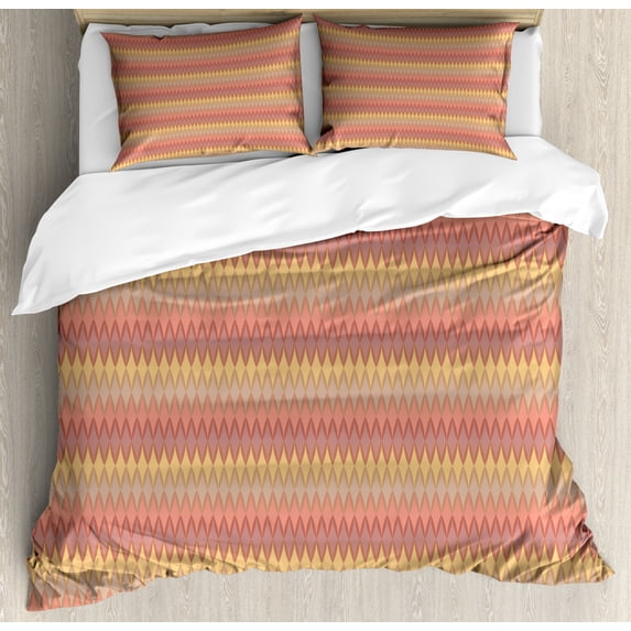 Muted Colors Duvet Cover Set Queen Size, Abstract Floral Pattern with Rhombuses Repetition, Decorative 3 Piece Bedding Set with 2 Pillow Shams, Multicolor, by Ambesonne