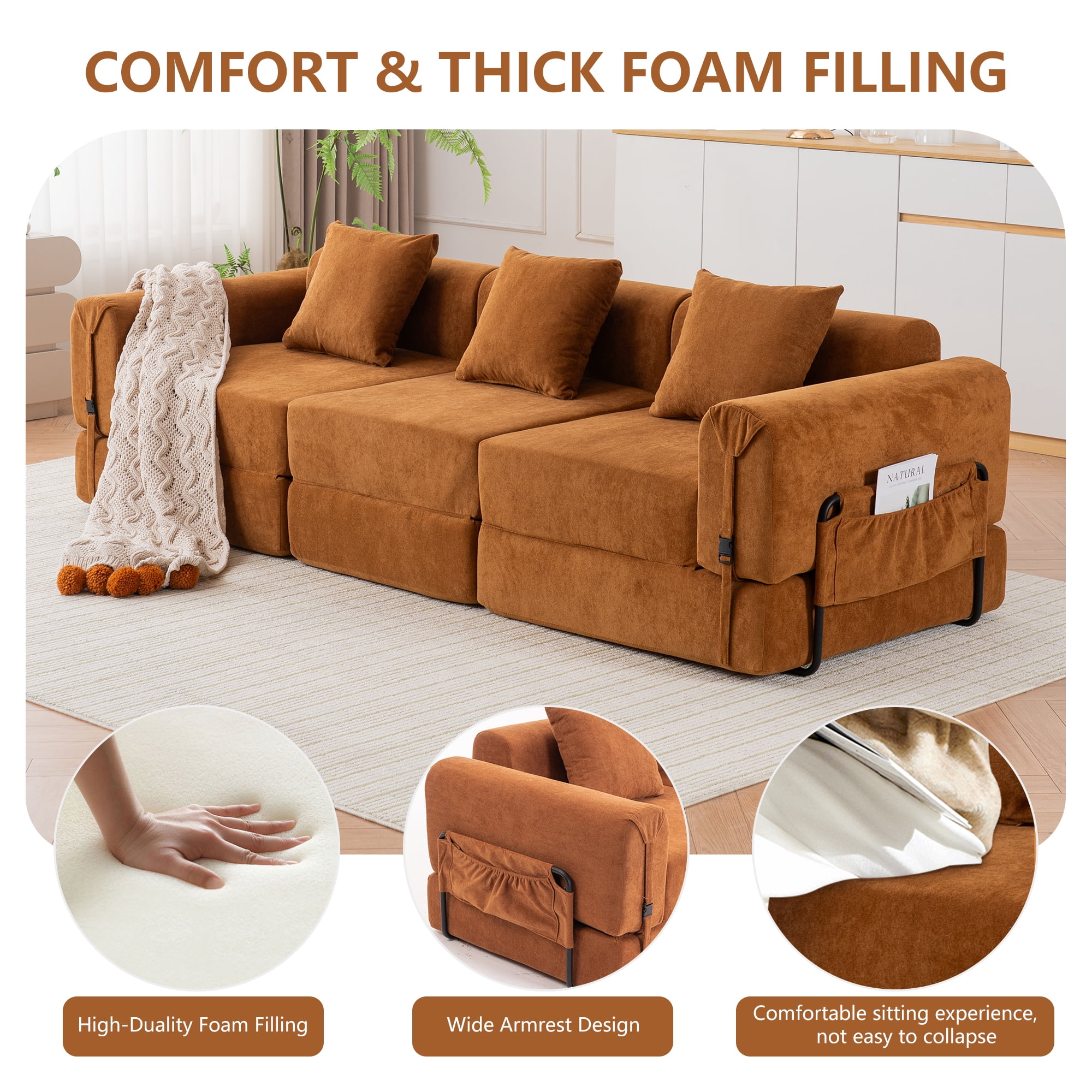GNIXUU 98.81" Modern Modular Recliner Sofa, Convertible Sleeper Bed,Folding Mattress 3 Seater Couch with Fixed-Shape Frame ,Comfy Lazy Boneless Couches for Living Room Bedroom Lounge,Orange