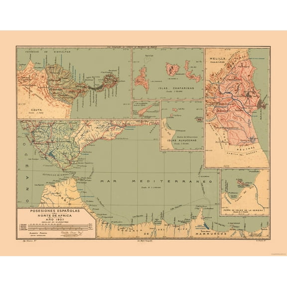 Historic Map - Spanish Possessions North Africa - Martine 1904 - Vintage Wall Art
