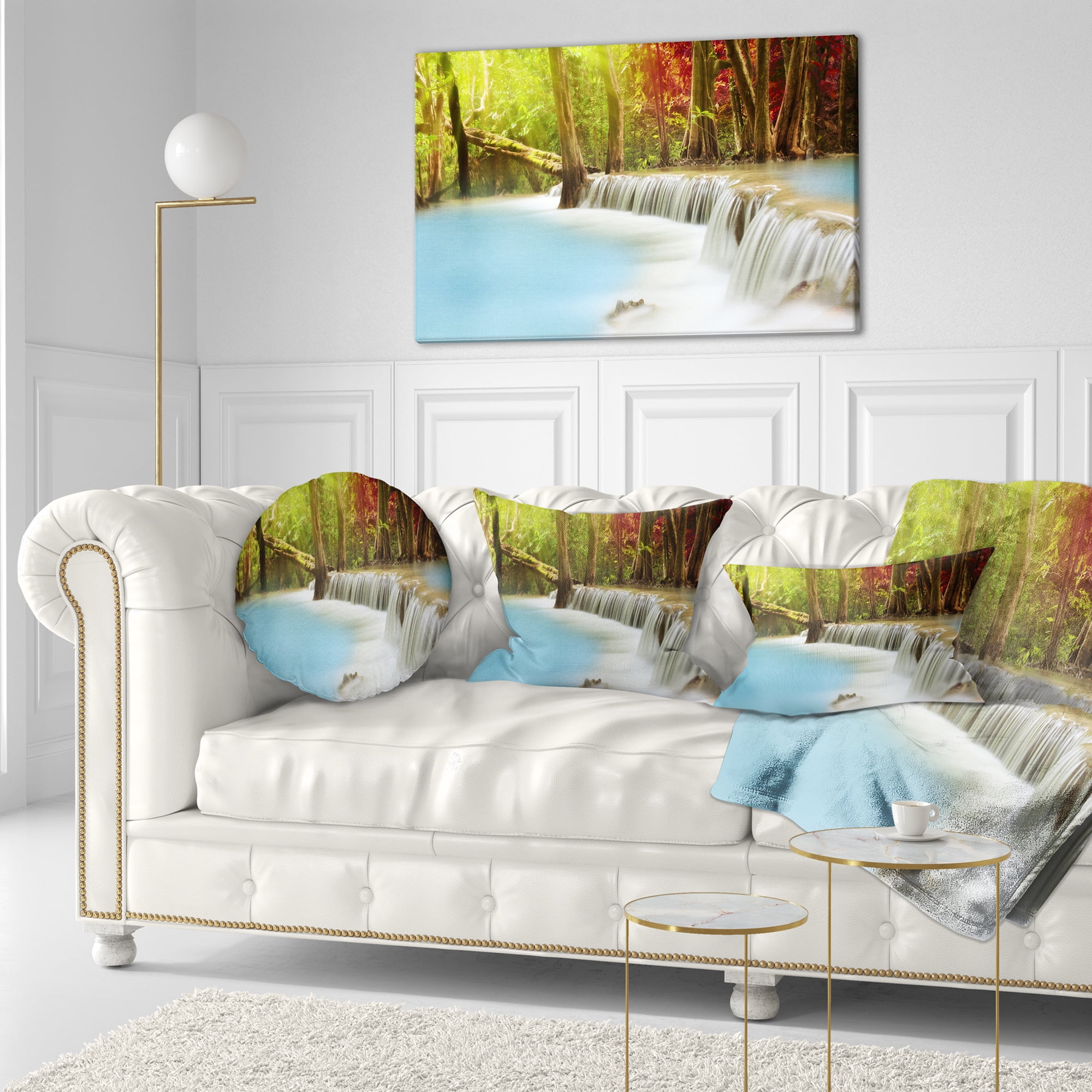 Designart Blue Waters of Huai Mae Kamin Waterfall - Landscape Printed Throw Pillow - 12x20