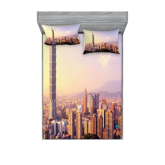 Ambesonne Landscape Fitted Sheet & Pillow Sham Set, Skyline Taipei Taiwan, Queen, Multicolor
