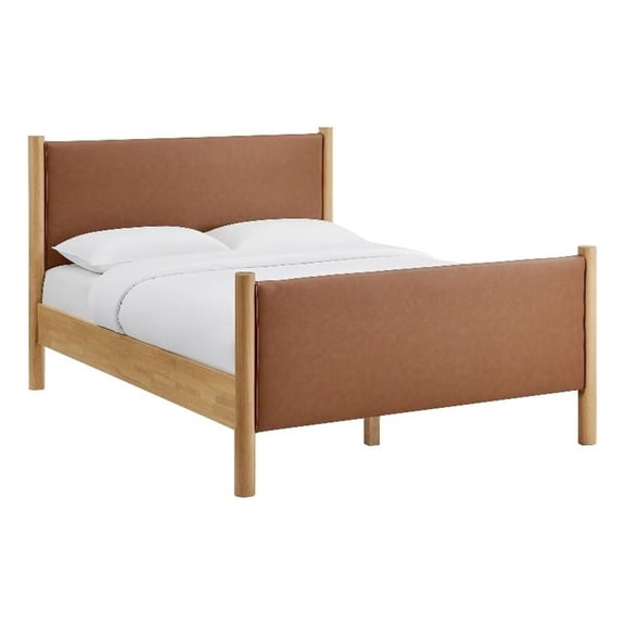 Maklaine Contemporary Wooden Bed Frame Upholstered Platform Bed in Tan Oak