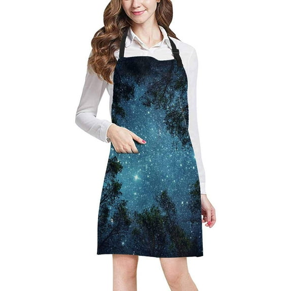 ASHLEIGH Beautiful Starry Night Sky Space Milky Way and Free Forest Unisex Adjustable Bib Apron with Pockets for Women Men Girls Chef for Cooking Baking Gardening Crafting