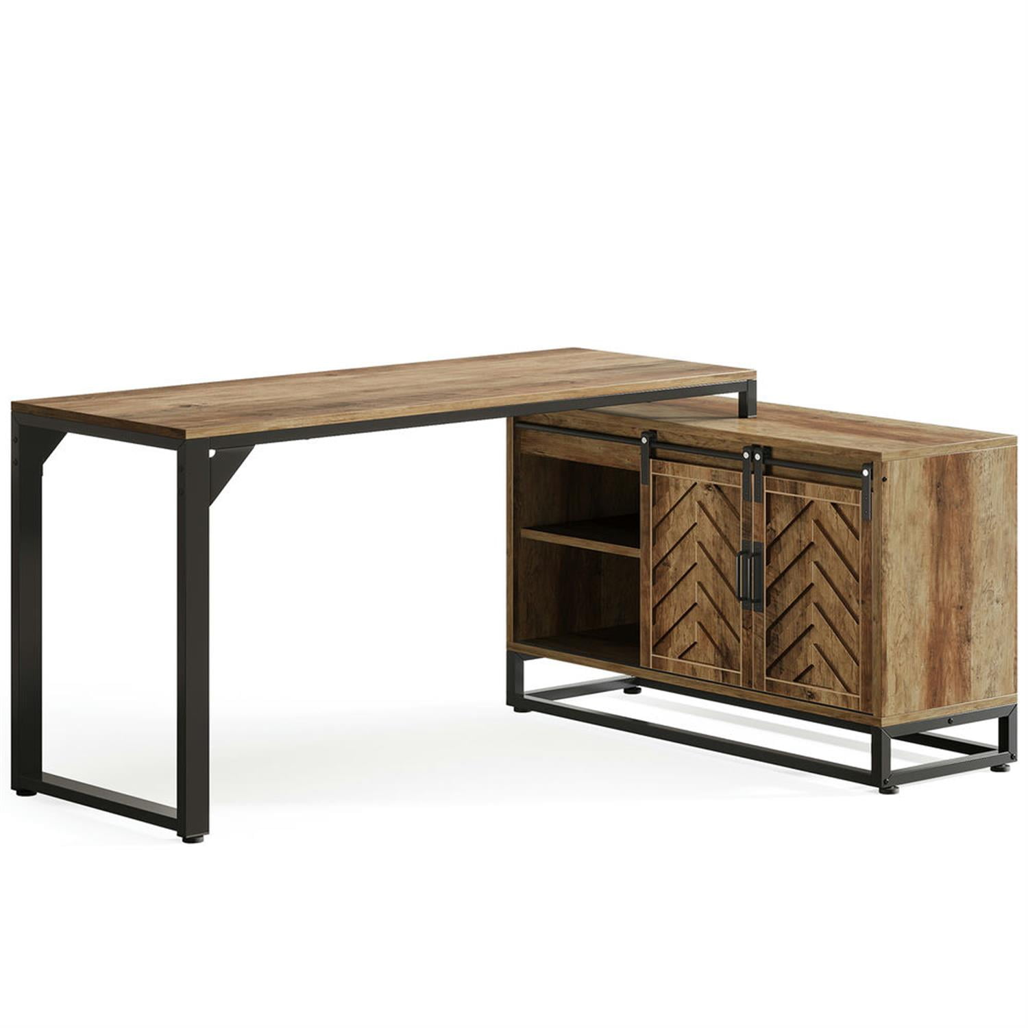 Demi Bonn Farmhouse L Shaped Gaming Computer Desk, 53" Corner Executive Desk with Storage Cabinet for Home Office, Brown