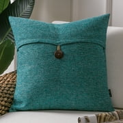 Phantoscope Farmhouse Series Cotton Blend Decorative Throw Pillow with Single Button, 18" x 18", Lake Blue, 1 Pack