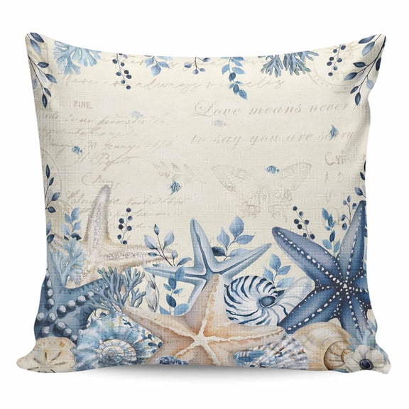 Throw Pillow Covers 16x16 Inch, Blue Starfish Coastal Decorative Pillow Cases for Couch Sofa Bed, Eucalyptus Summer Nautical Shell Retro Cotton Linen Square Home Decor Pillowcases with Hidden Zipper