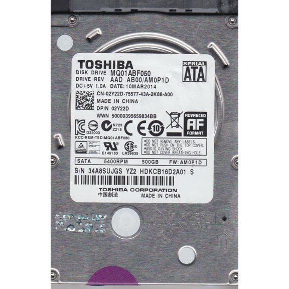 MQ01ABF050, AB00/AM0P1D, HDKCB16D2A01 S, Toshiba 500GB SATA 2.5 Hard Drive