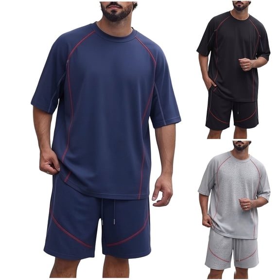 Men's Shirt and Shorts Set 2 Piece Fashion Summer Tracksuits Cotton Oversized T-Shirts Drawstring Shorts Outfits Big and Tall Size M-5XL Navy
