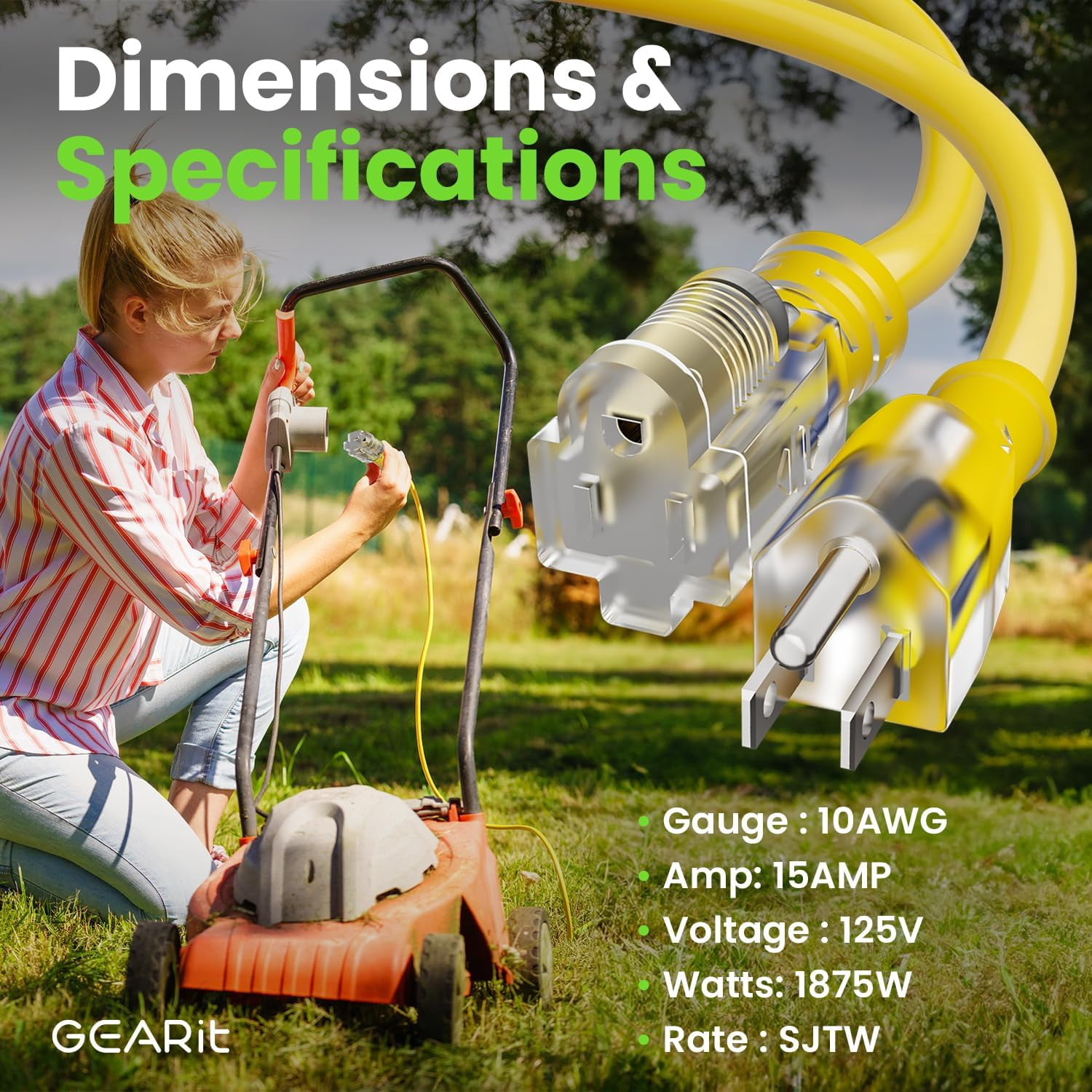 GearIT 10AWG Three Prong Outdoor Extension Cord, Heavy Duty, Indoor and Outdoor, Weather Resistant, 100 ft