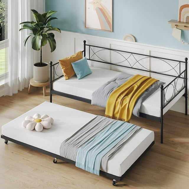 Memoryfield Metal Twin Daybed with Trundle, Sofa Bed Frame with Steel Slat Support, Multifunctional Daybed Frame for Bedroom, Black