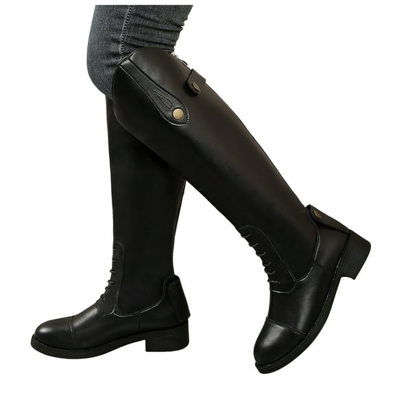 Rokment Vintage Knee High Riding Combat Boots for Women Fashion Casual Leather Lace up Chunky Mid Heel Wide Calf over The Knee Tall Dress Boots Fall Winter with Back Zipper Black Size 6