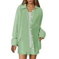 thumbnail image 2 of Women's 2 Piece Cotton Outfits, Loose Casual Long Sleeve Button Shirt and Shorts Tracksuit Beach Vacation Sets Festival Outfits for Women Mint Green XL, 2 of 7