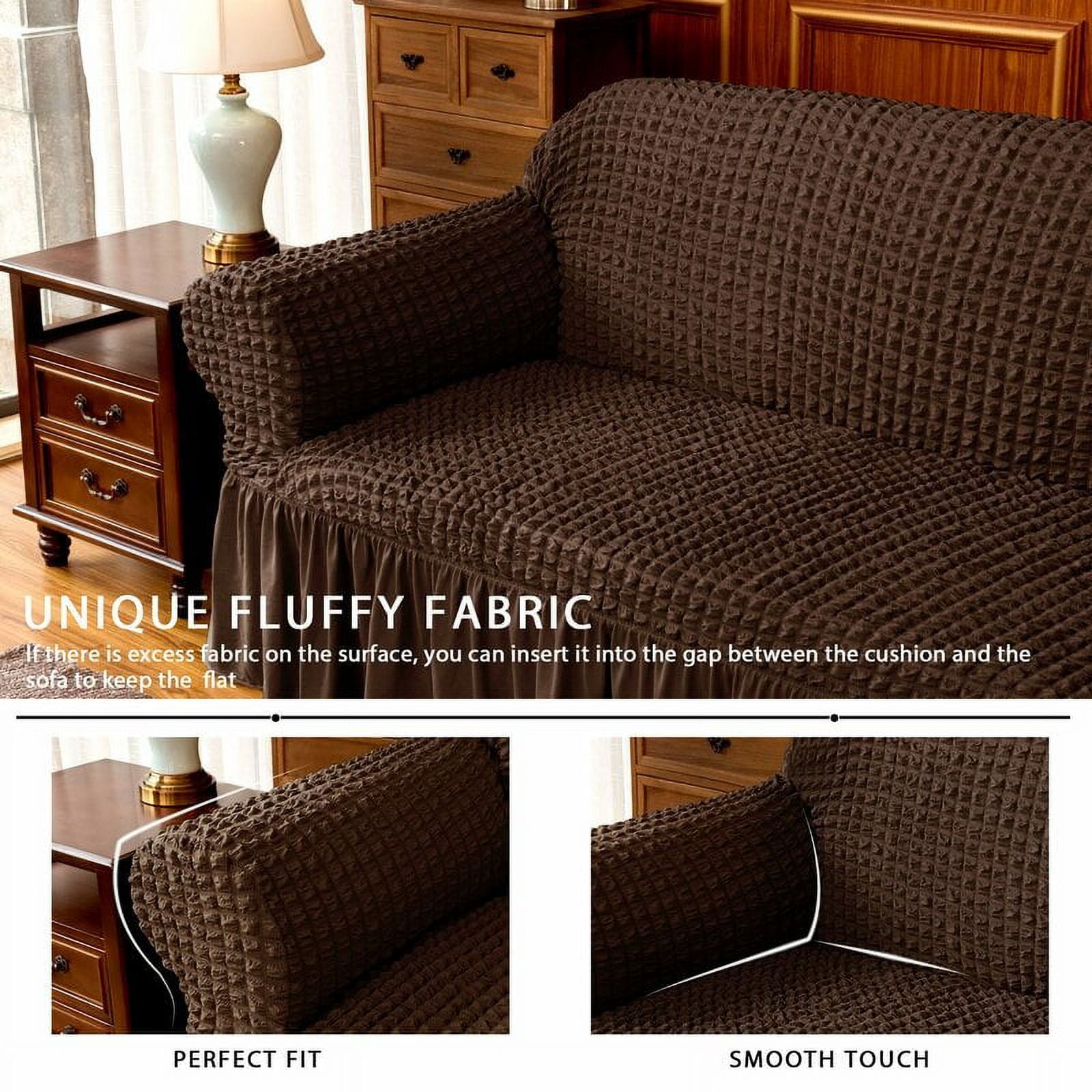 Subrtex Seersucker 1 Piece Sofa Slipcover with Ruffle Skirt(Sofa, Chocolate)