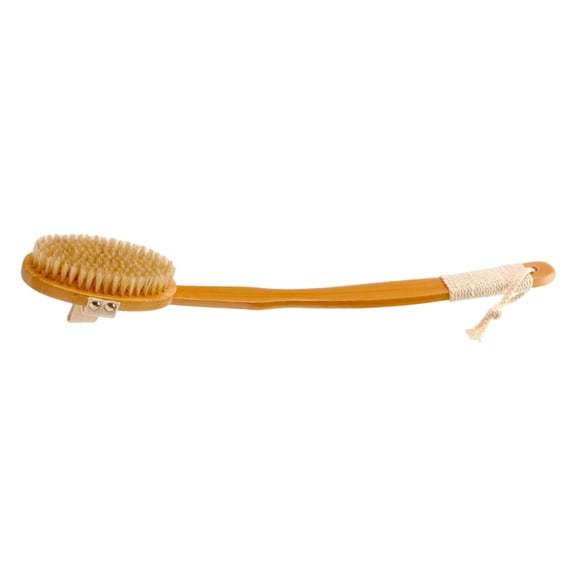 Long Handle Bath Brush for Shower, 20.1 in / 51 cm Back Scrubber with Super Long Curved Wood Handle, No Plastic Sheet, Exfoliating Boar Bristle Body Brush for Showering, Wet or Dry Use