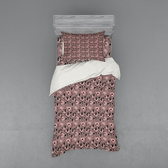 Ambesonne Abstract Bedding Set 3 Pcs, Dancers and Flowers, Twin, Rose Black Dried Rose