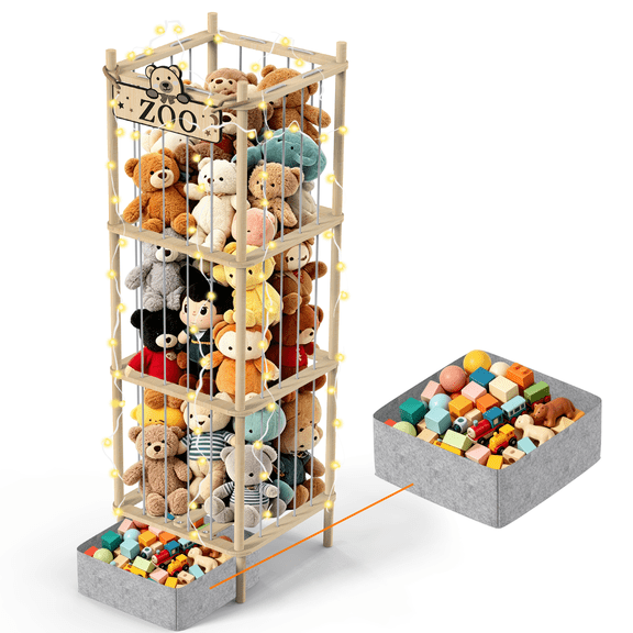 Stuffed Animal Storage Zoo Extra Large Stuffed Animal Holder Space Save Toy Organizer for Nursery Playroom Bedroom, Wood, Natural
