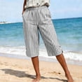 thumbnail image 4 of hoksml Women's Striped Elastic Waist Capri Pants - Cotton Linen Blend with Side Slits and Pockets, 4 of 9