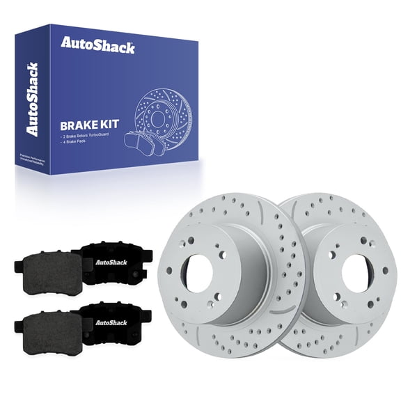 AutoShack Rear Solid Drilled & Slotted Coated Brake Rotors Silver Matte Finish   Premium Ceramic Pads 6-PC Brake Kit Replacement for 2008-2017 Honda Accord TurboGuard 11.1" (282 mm)