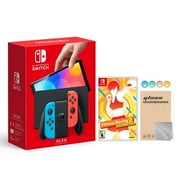 2021 New Nintendo Switch OLED Model Neon Red & Blue Joy Con 64GB Console HD Screen & LAN-Port Dock with Fitness Boxing 2: Rhythm & Exercise And Mytrix Joystick Caps & Screen Protector