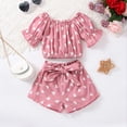 thumbnail image 2 of KVPLBQFD 2 Piece Set for Girls Off Shoulder Ruffle Trim Short Sleeve Elastic Waist Bowknot Shorts Outfit Kids Trendy Heart Print Sets Toddler Summer Clothes, 2 of 7
